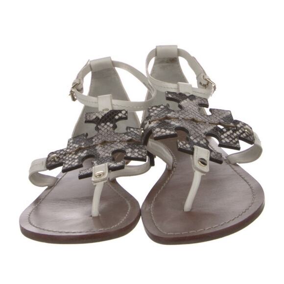 Tory Burch Phoebe Sandal Black White Leather Flat Logo Sandal Sz 11 - Picture 2 of 5